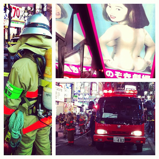 C’est chaud Kabukicho le soir ! Dizaine de camions de pompier pour refroidir les clients qui s’enflamment !