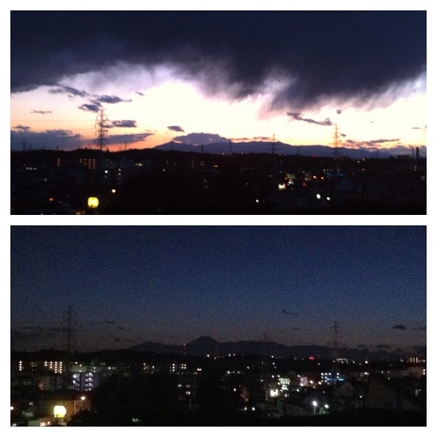 Caché par un nuage au couché de soleil, c’est au crépuscule que le Fuji est apparu !