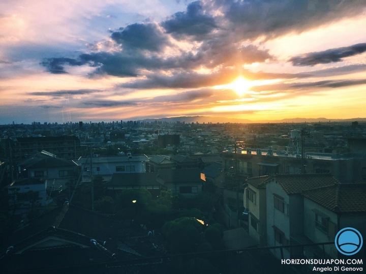 Reflet des rayons du coucher de soleil sur la vitre du train 
#iphone #osaka #osakasafari #japonsafari
